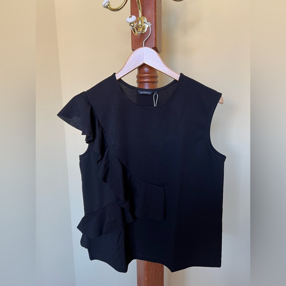 Marimekko Blouse Sleeveless Asymmetrical Ruffled Knit Top Black Size M